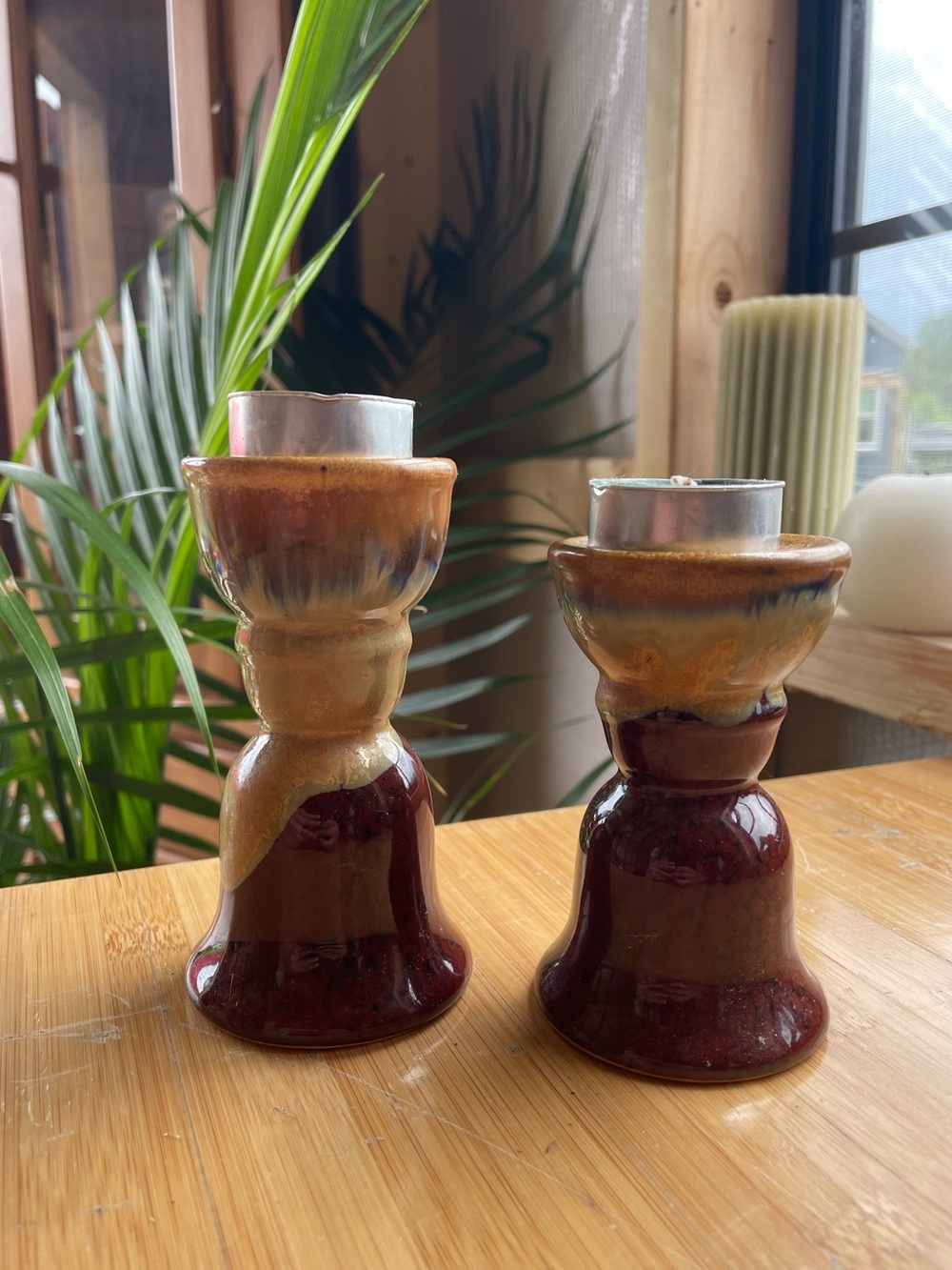Handmade Ceramic Candle Holders in Brown and Tan Glaze (Pair)